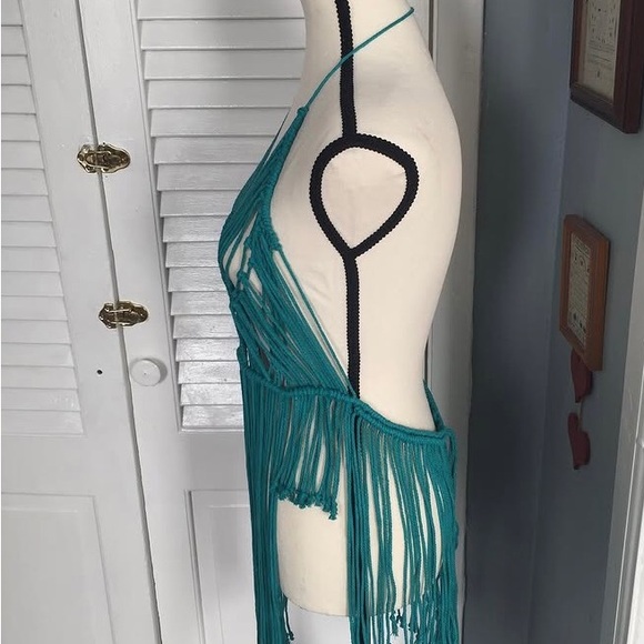 Handmade Teal Fringe Halter Beach Macrame Dress - Picture 6 of 9